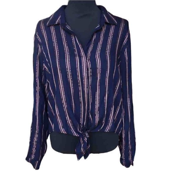 Bella Dahl Shimmer Stripe Tie Waist Open Collar Button Up Blouse Sz L - Picture 1 of 15
